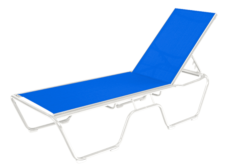 St. Maarten sling chaise lounge featuring a sterling silver aluminum frame and royal blue sling fabric, ideal for hotel pools, resorts, and coastal outdoor spaces.